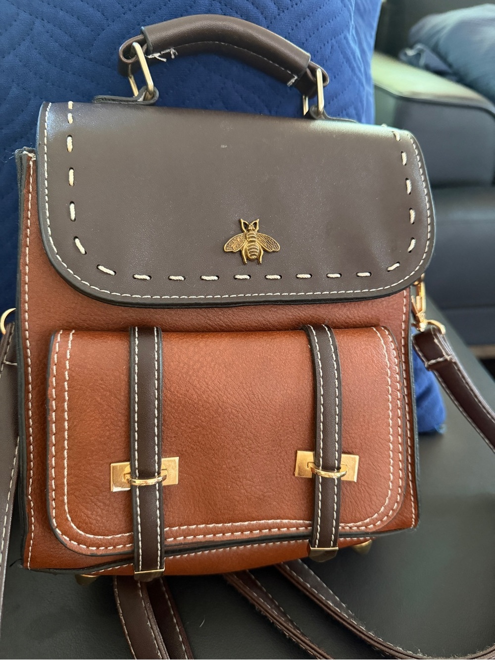 Brown Two-Tone Faux Leather Bee Accent Backpack Purse